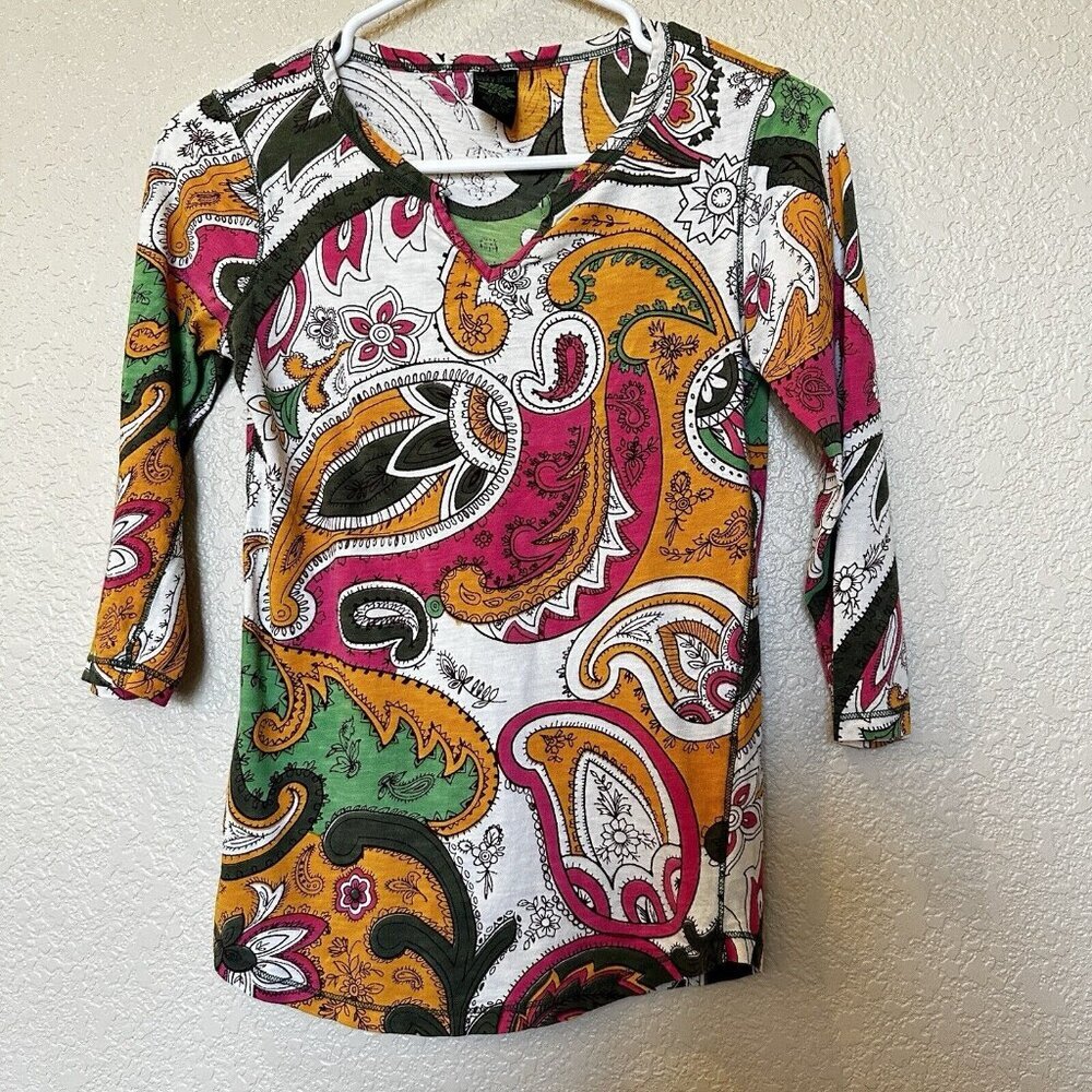Vintage Lucky Brand 3/4 Sleeve Top Paisley Print Top Shirt Small Pink Green Yell